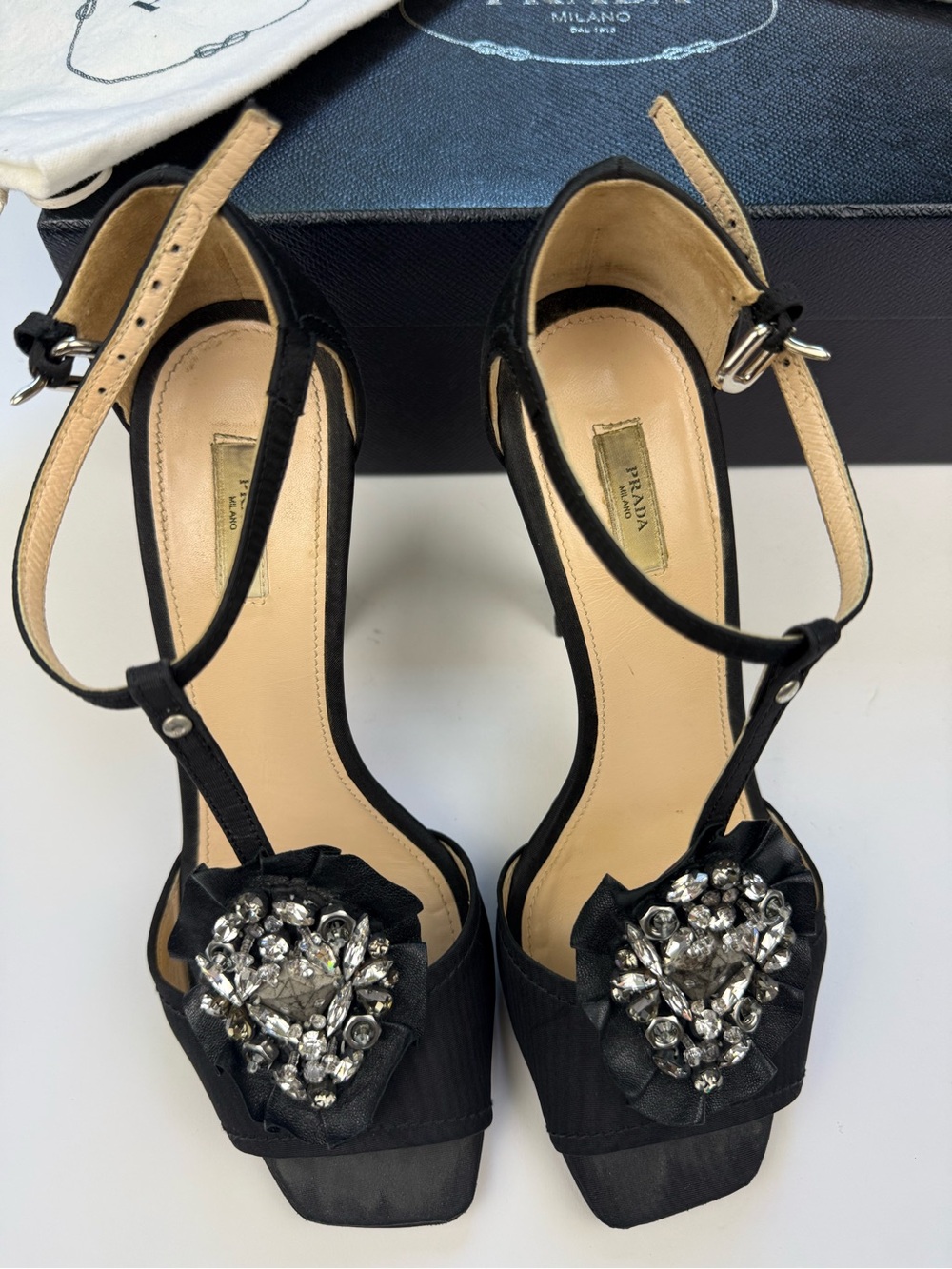 PRADA Black Strappy Heel with Silver and Crystal Rosette sz 38